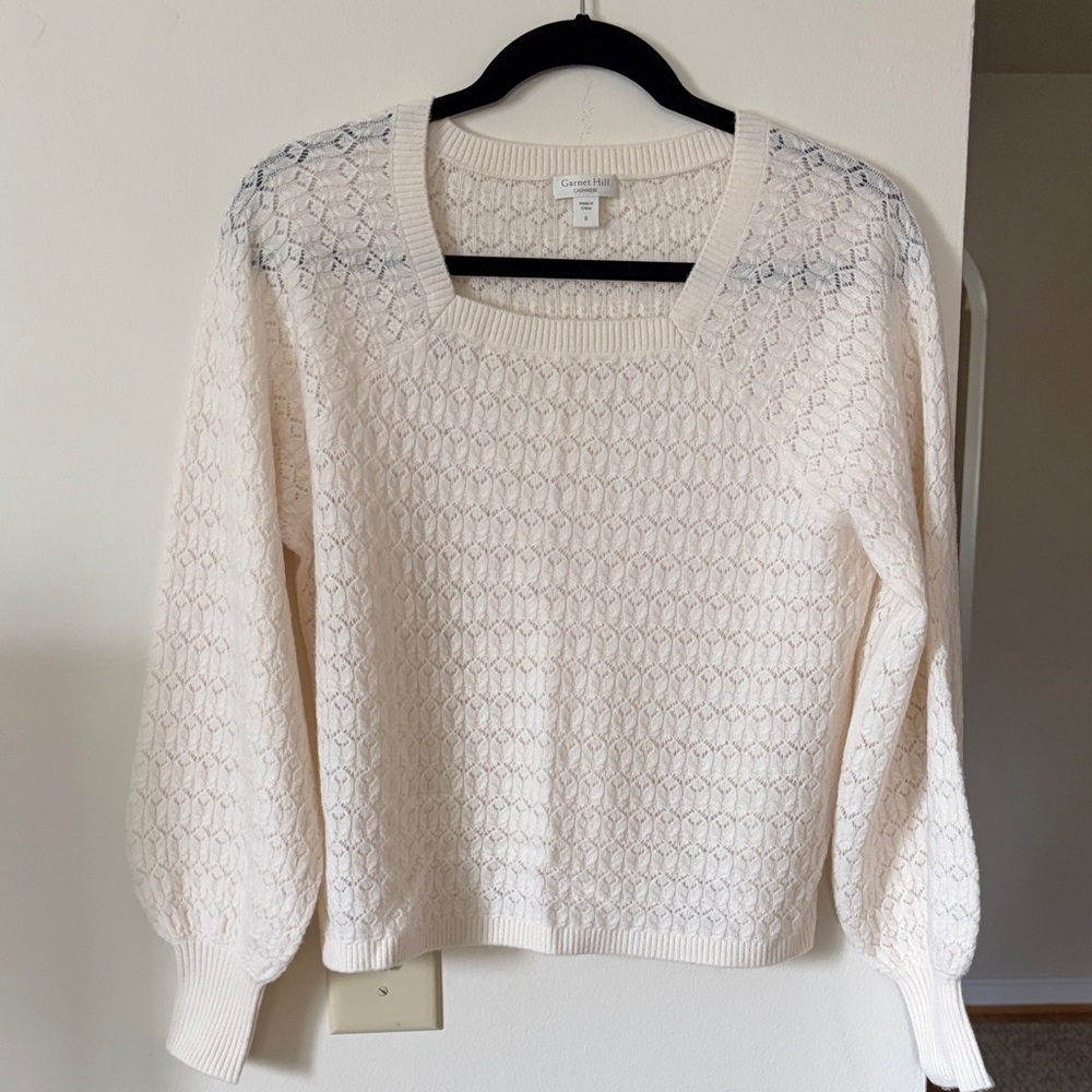 Garnet Hill Cream Balloon-Sleeve Pointelle Knit Sweater